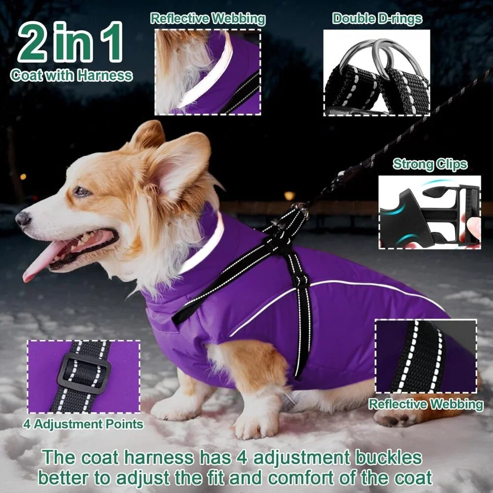 Dog Coat with Harness Built in, Waterproof Windproof Reflective Warm Puffer